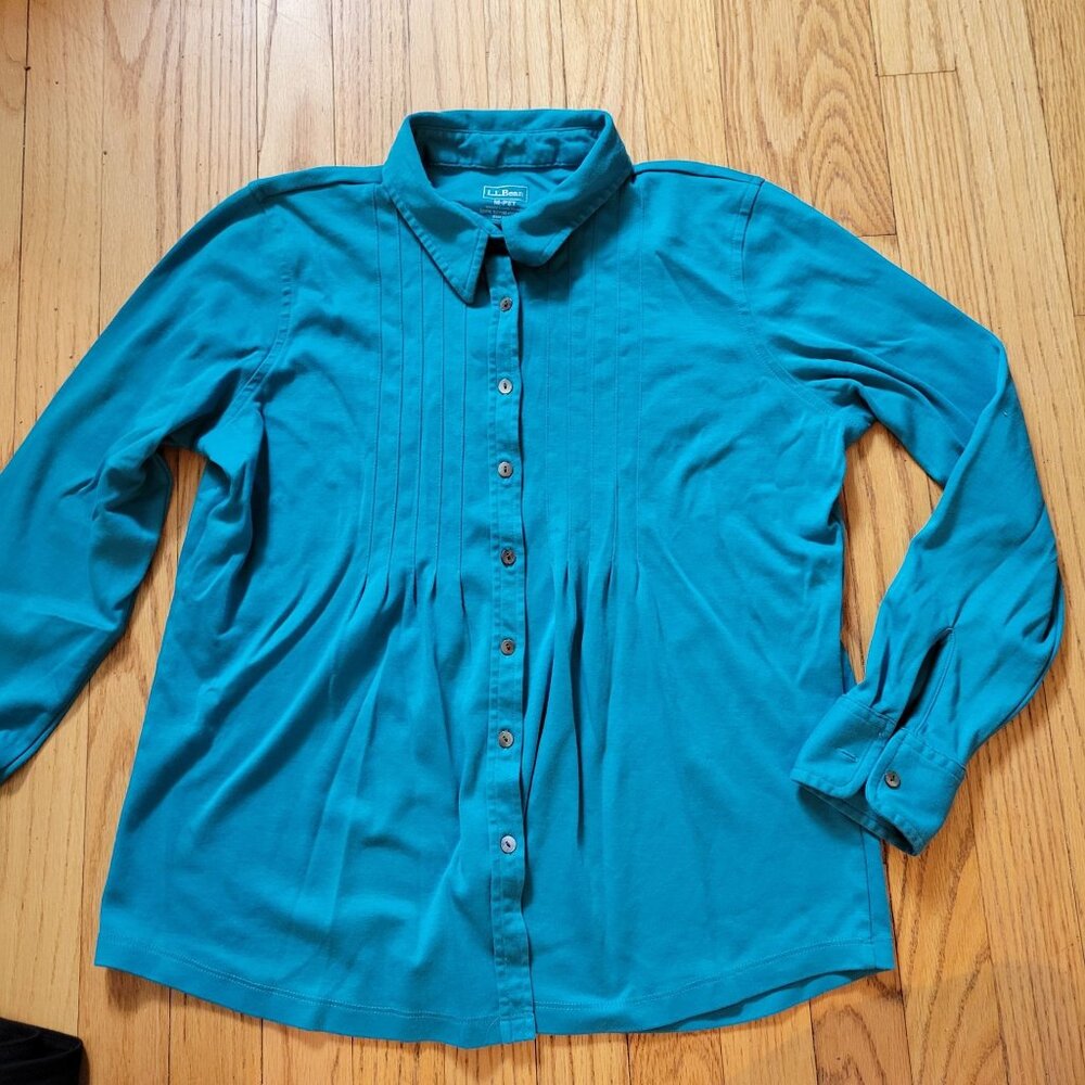 L.L.Bean Womens M-PET Teal Button-Up Long Sleeve Shirt 100% Supima Cotton